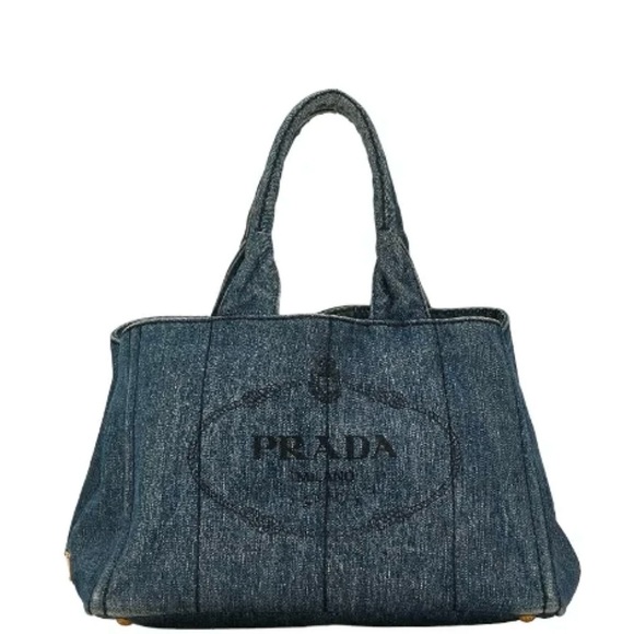 Prada Kanapa Tote Bag Denim Blue Triangle Logo - Picture 1 of 6